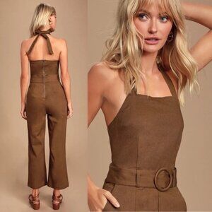 Moon River Ceelya Belted Halter Tie Wide Leg Jumpsuit XS Dark Brown Denim Zip